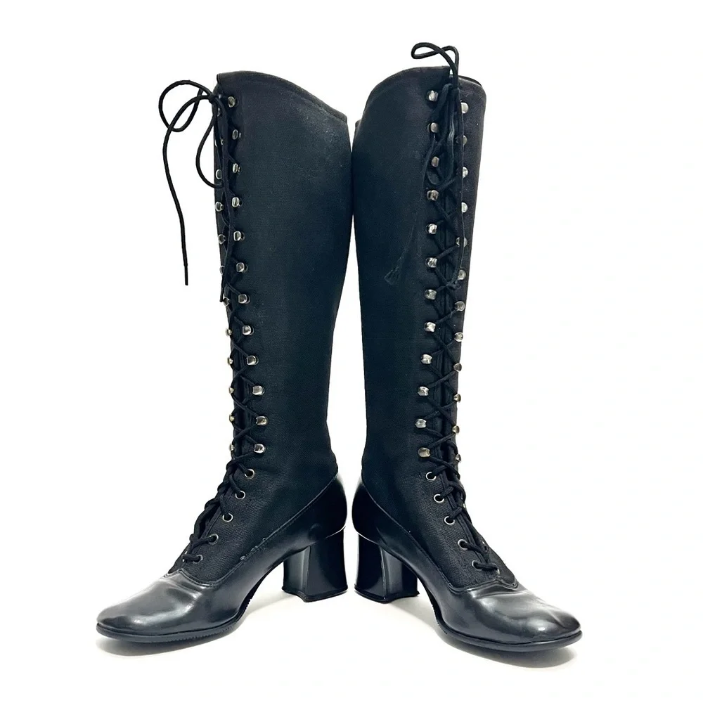 Vintage 1970s black canvas floral embroidered lace up knee high Penny Lane boots